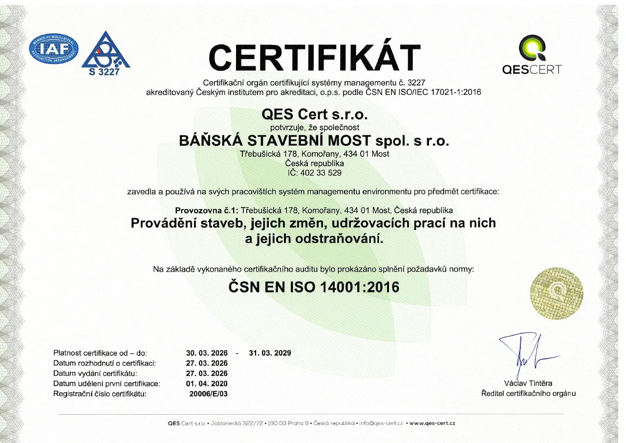 Certifikát ČSN EN ISO 14001:2016 — environmentální management