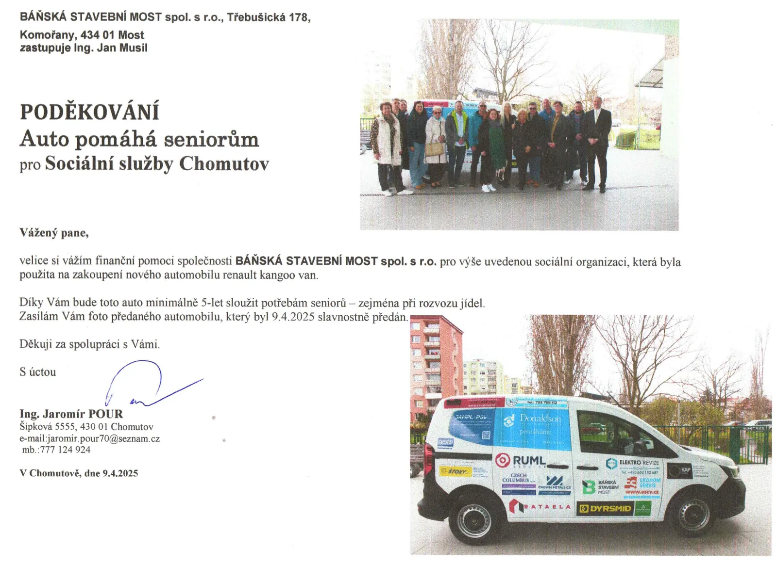 Poděkování za automobil Renault Kangoo Van pro Sociální služby Chomutov, předaný 9. 4. 2025
